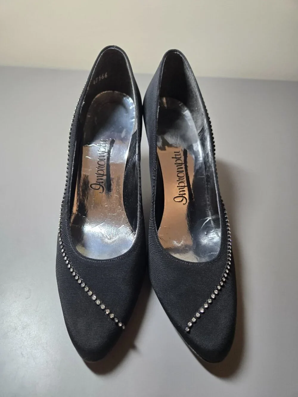 VINTAGE Impromptu Black Peau de Soie Satin Pumps with Rhinestone Detail, Classy